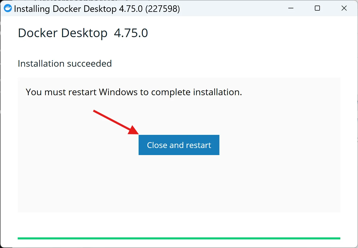 Docker Desktop 4.75.0のインストール完了画面。「Close and restart」ボタンが示されている