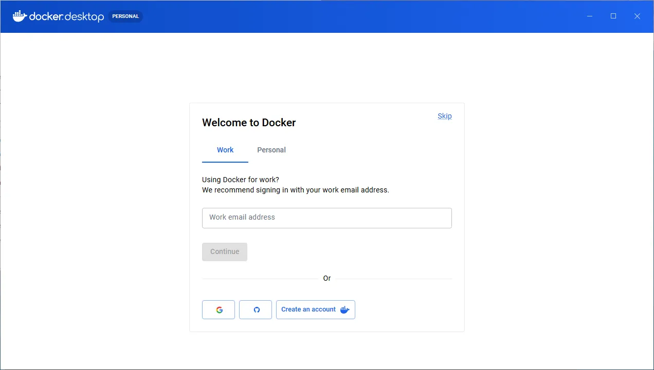 Docker Desktopの「Welcome to Docker」サインイン画面。右上にSkipボタンがある
