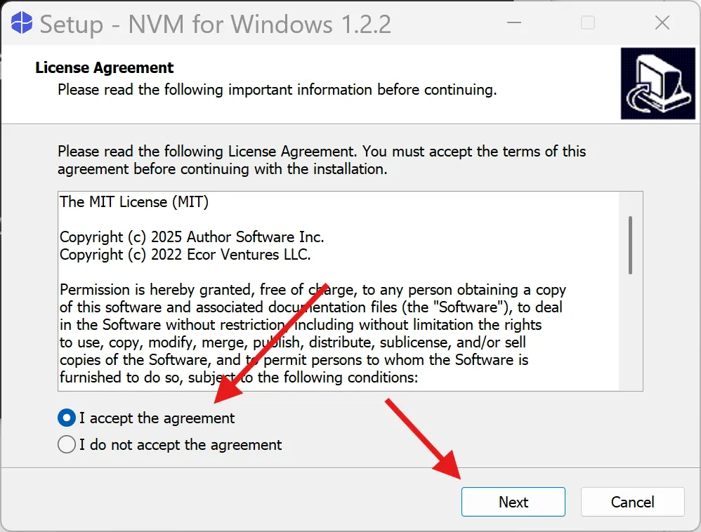 NVM for Windowsのライセンス同意画面。「I accept the agreement」が選択されている
