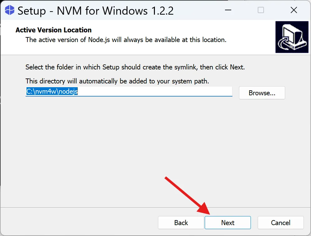 NVMが管理するNode.jsのシンボリックリンク先パス選択画面