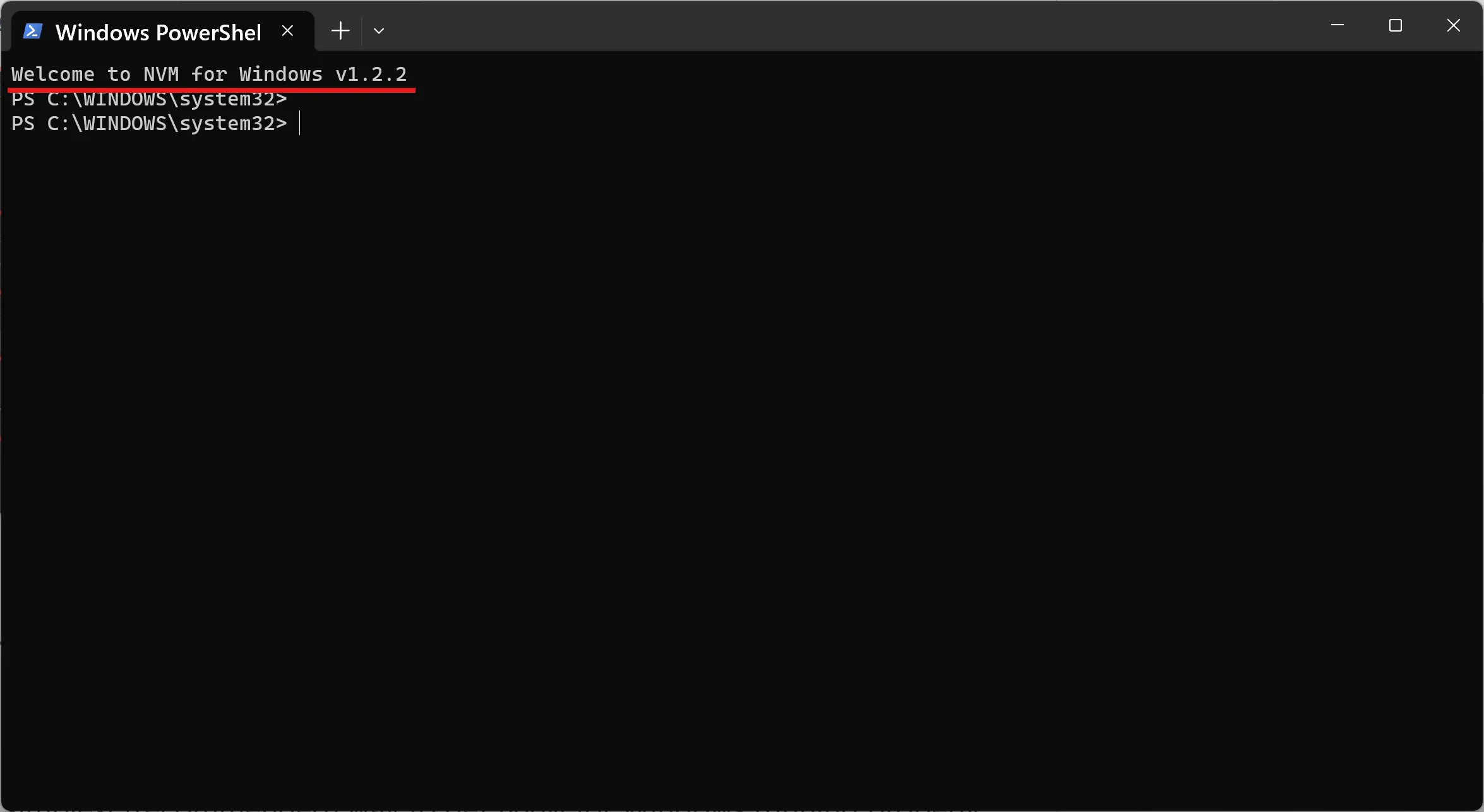 PowerShellに「Welcome to NVM for Windows v1.2.2」と表示されたインストール完了画面