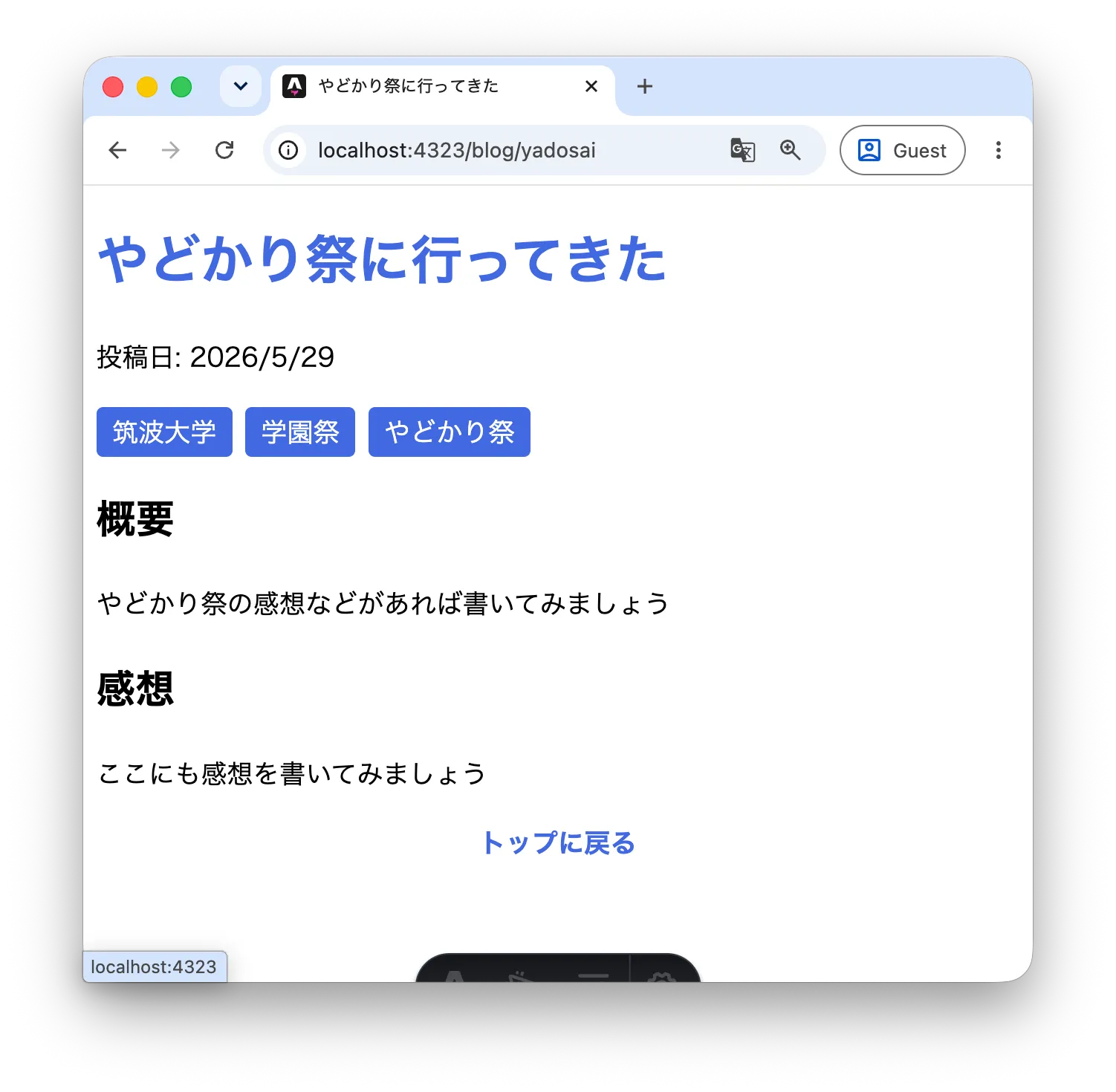 CSSをimportしてスタイルが適用されたブログページ